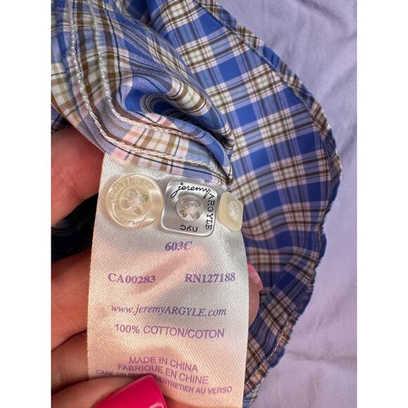 Jeremy Argyle NYC Men's sz Large Blue Tan Plaid Button Down Shrt Long Sleeve - Picture 7 of 11